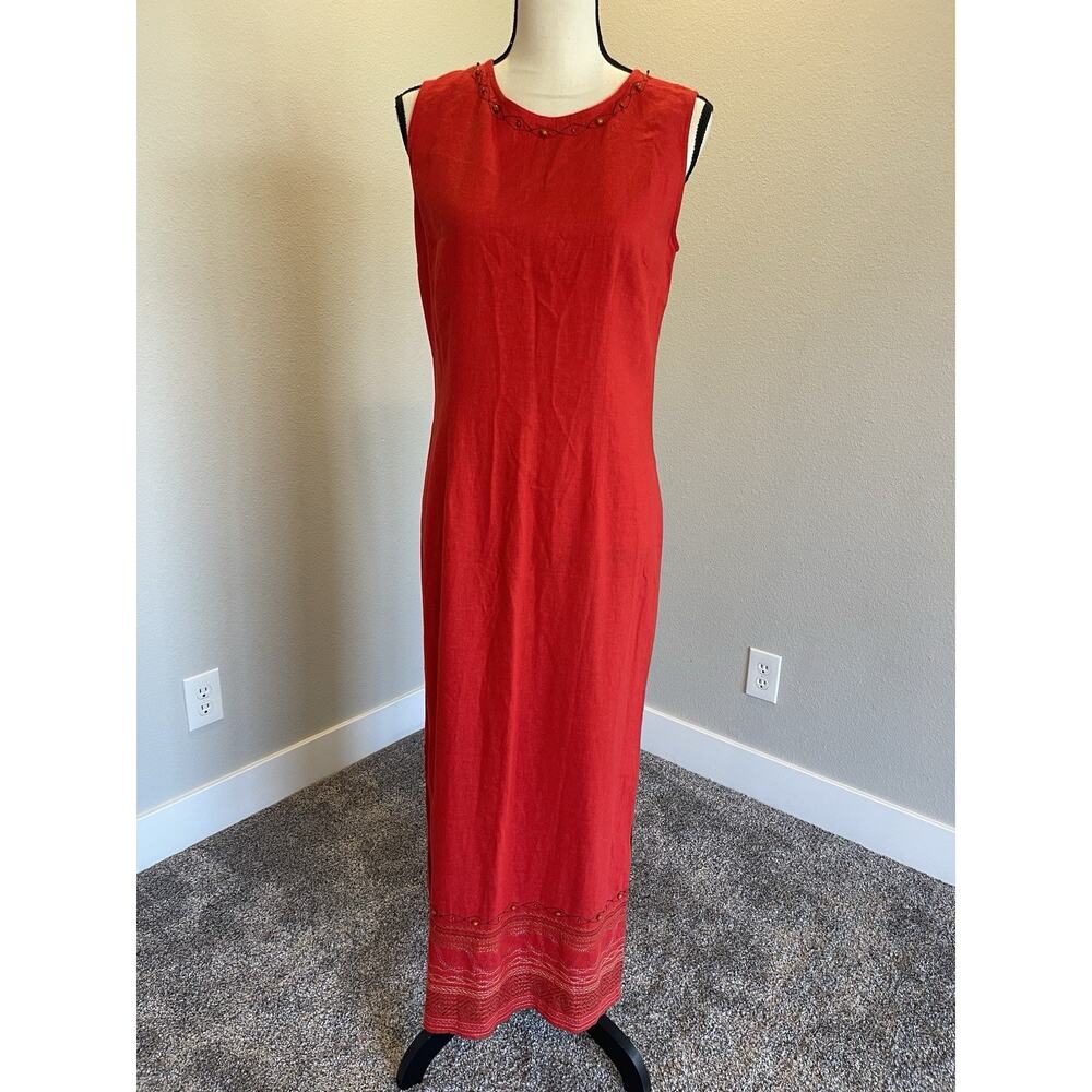 Vintage Coldwater Creek Sleeveless Linen Rayon Maxi Dress Sz 10 Embroidered Bead